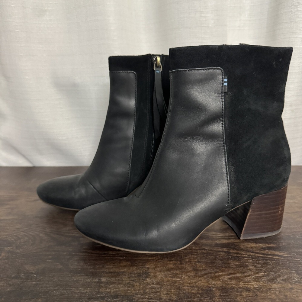 Toms Boots Womens 7 Emmy Black Leather Suede Ankle Top Casual Block Heel